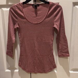 Deep Red and White Striped 3/4 Long Sleeve Top